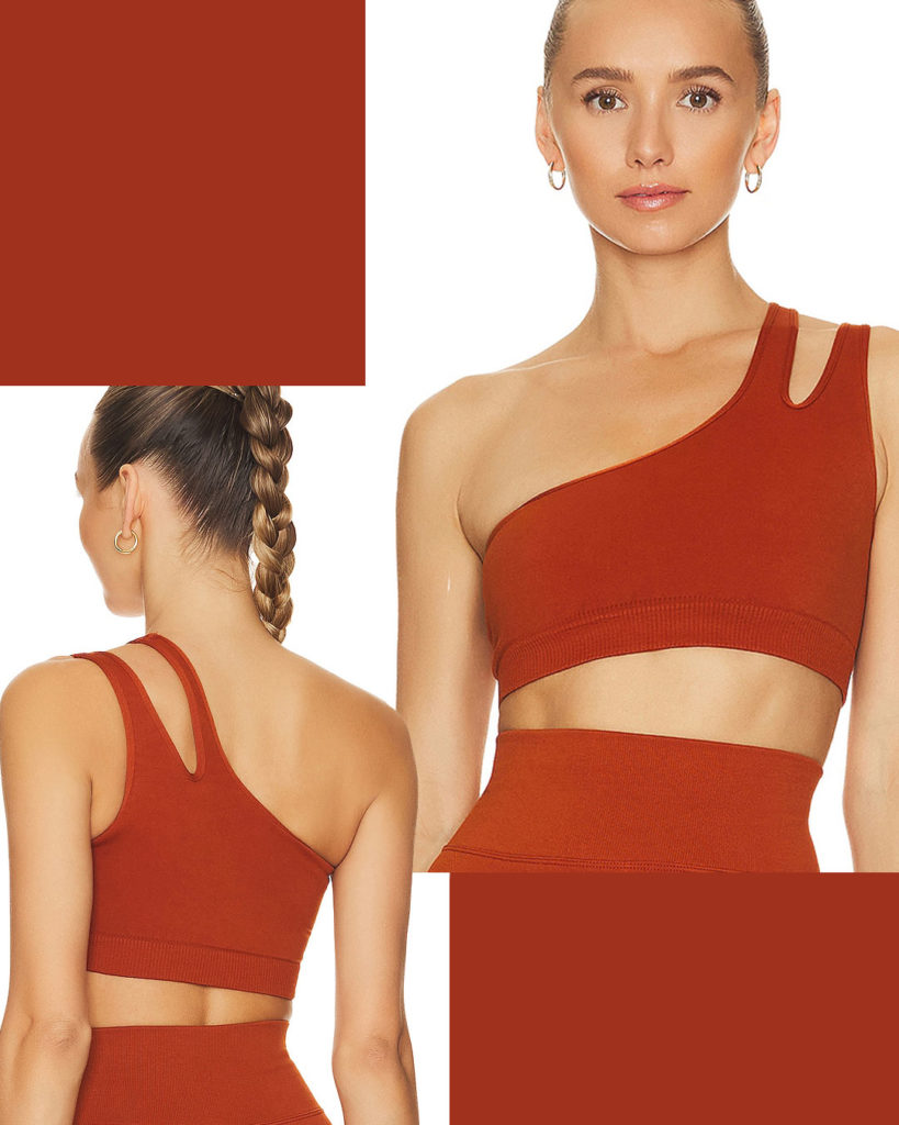Camila Coelho Belmira Sports Bra  rust-coloured one-shoulder bra has a cutout in the strap that runs from front to back.


